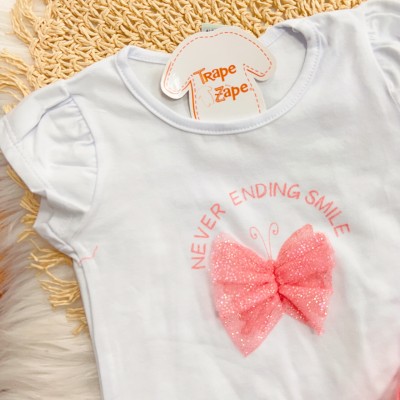 Conj. Blusa Never Ending Smile e Short Saia em Tule - Branco e Rosa